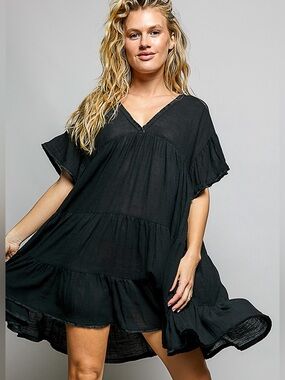 👀 ❤️ POL Ruffle Shirred V-Neck Short Sleeve Cotton Dress- ALMOST GONE!